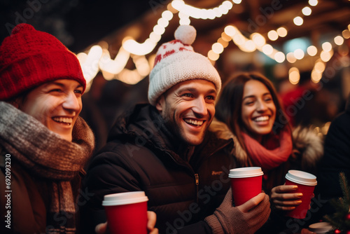 People at the Christmas market are happy and smiling, drinking hot beverages on winter evening. Generative AI