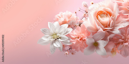 Floral border  assorted garden flowers background  romantic pink backdrop  flat lay  top view