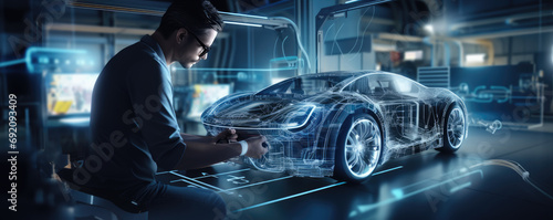 Car or automotive manager works on electric car technology. Future of cars design