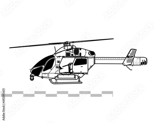 MD Helicopters MD 969 Combat Explorer. Light armed helicopter with NOTAR system. Side view. Image for illustration and infographics.
