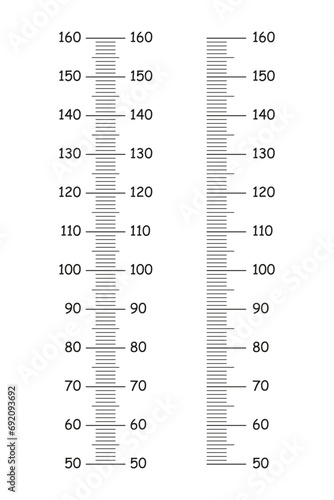 Kids height charts from 50 to 160 centimeters. Template for wall altimeter isolated on a white background. Meter wall or growth ruler. Set of stadiometer scales. Vector illustration. Eps.