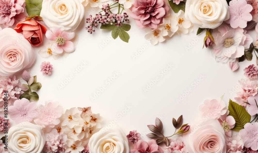 Floral border frame, assorted garden flowers empty space background. Backdrop with copy space
