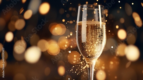 An elegant flute of Prosecco with rising bubbles, set against a background of a festive party.