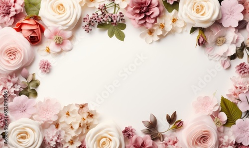 Floral border frame, assorted garden flowers empty space background. Backdrop with copy space © Slanapotam