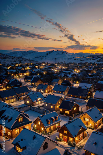A Captivating Snowy Night Scene Adorned with Charming Houses photo