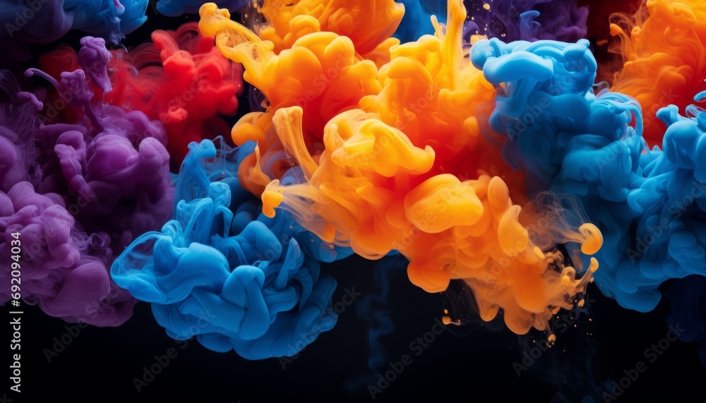 Fototapeta premium Captivating fusion of vibrant liquid colors and ink droplets forming abstract cloud formations