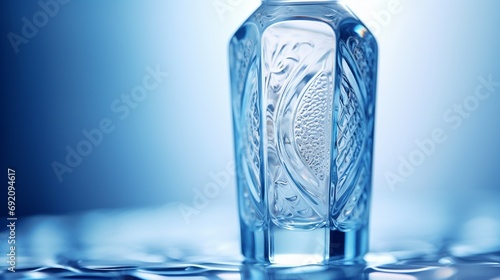 A close-up of a vodka bottle with a frosted glass design, emphasizing the cool, crisp texture, set against an icy, blue-toned background.
