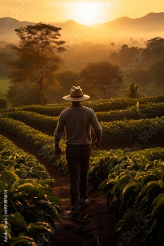 back view of man in hat walking by agricultural field  farmer walk by farm with fresh plants  person inspecting farming