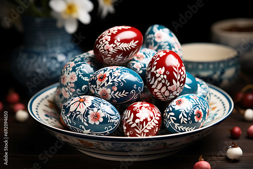 Eggs painted in the Slavic style for Easter, lying on a plate on a table full of festive food
