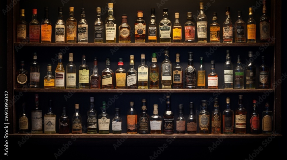 A collection of rare whisky miniatures, each with a distinct label, displayed on a vintage wooden shelf. - obrazy, fototapety, plakaty 