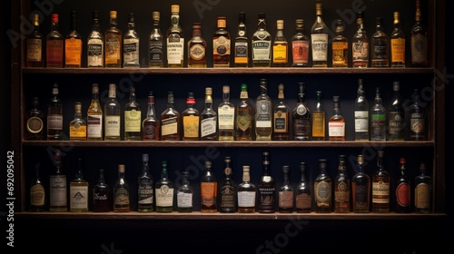 A collection of rare whisky miniatures, each with a distinct label, displayed on a vintage wooden shelf.