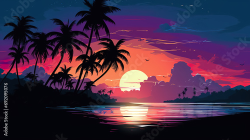 sunset at exotic tropical beach with palm trees and sea, colorful illustration in style of purple and orange, beauty at nature