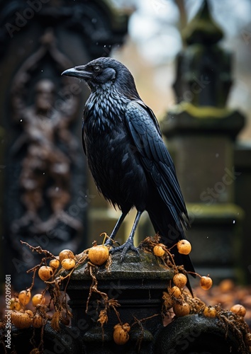 black crow sitting on top of a gravestone in a cemetary