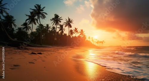 beautiful tropical beach with palm trees and clean blue water at sunset, idyllic vacation destination, exotic paradise coast