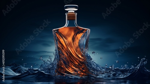 A conceptual image of a whisky bottle with a transparent, wave-like design, symbolizing the movement of the liquid, set against a deep blue, oceanic backdrop.