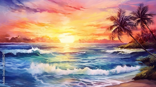 sunset at exotic tropical beach with palm trees and sea  colorful illustration in style of watercolor ink  beauty at nature