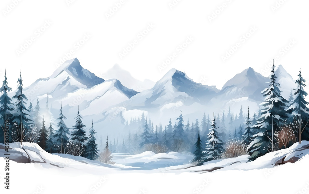 Snowy Mountains Wooded Alpine Majesty Isolated on Transparent Background PNG.