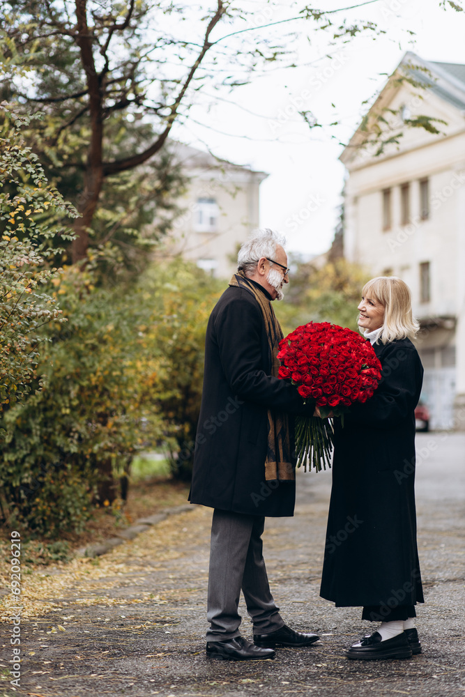 Fototapeta premium Elderly couple, handsome old man gives a huge bouquet of red flowers to his lady on a valentines day
