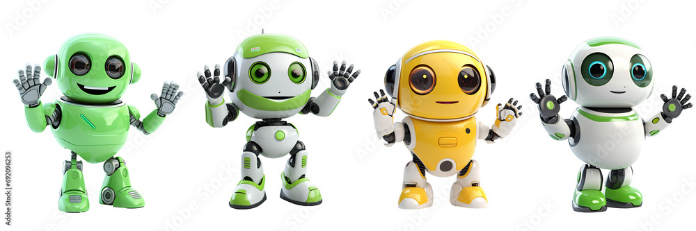 Set of cute Android robots waving hello on PNG transparent background.