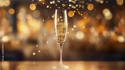 A solitary champagne flute, filled with bubbling champagne, set against a backdrop of twinkling lights.