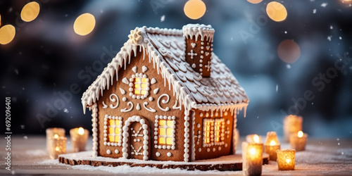 Festive Gingerbread House with Icing Decoration and Warm Lights Creating a Cozy Christmas Atmosphere on a Snowy Background