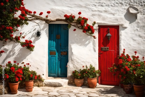 A vibrant red door set against a whitewashed wall, evoking a sense of warmth and welcome in a charming village. © Resonant Visions