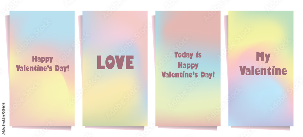 Valentines's day greeting card set, stories. Pastel gradient, trendy. Banner, cover, flyer, social media post. 