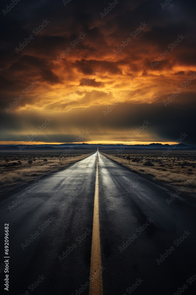 empty asphalt road at sunset, way to new future, hope and new life concept
