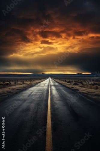 empty asphalt road at sunset, way to new future, hope and new life concept © goami
