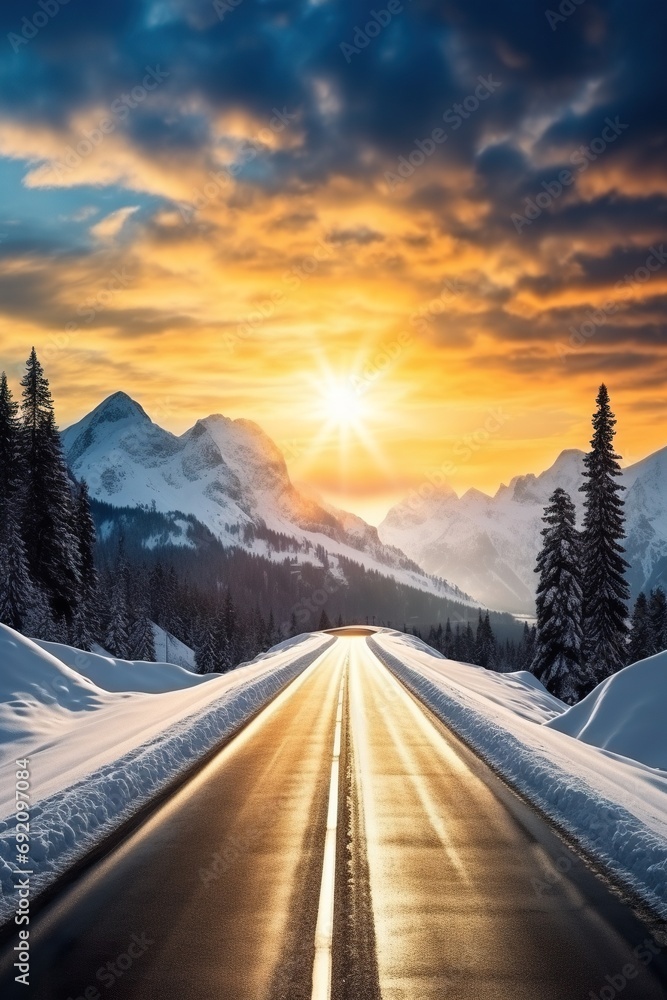 winter road in amazing mountains winter road in amazing mountains