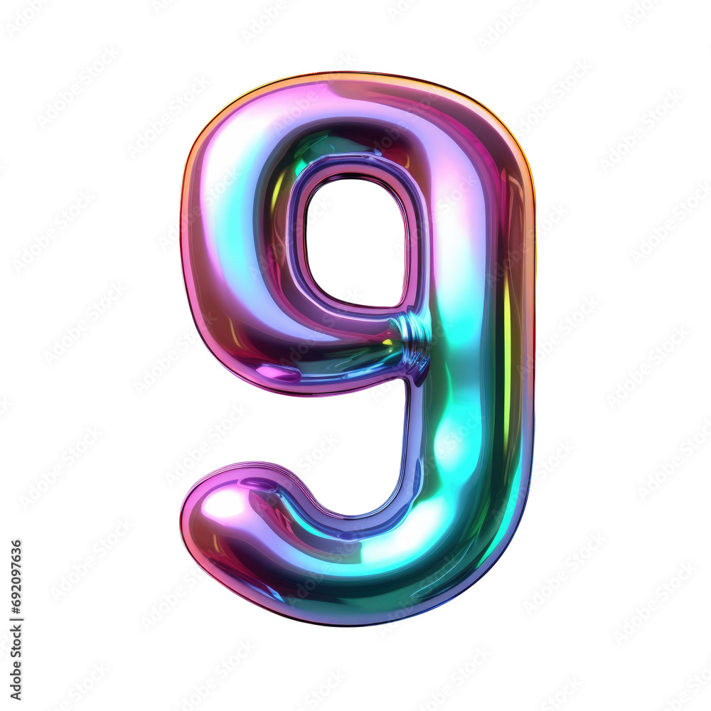 Hologram metallic number 9 balloon Realistic 3D on white background. Generative AI Hologram metallic number 9 balloon Realistic 3D on white background. Generative AI