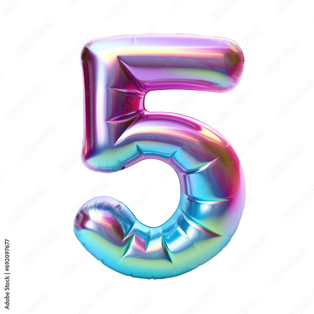 Hologram metallic number 5 balloon Realistic 3D on white background. Generative AI Hologram metallic number 5 balloon Realistic 3D on white background. Generative AI