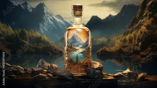 A whimsical image of a whisky bottle with a label that tells a story through illustrations, set against a backdrop that complements the narrative, like a scene from the story. photo