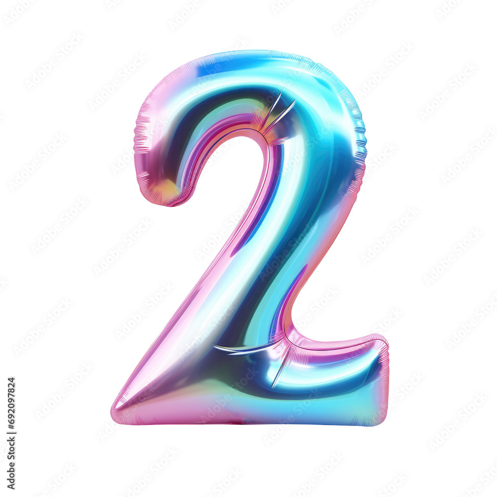Hologram metallic number 2 balloon Realistic 3D on white background. Generative AI Hologram metallic number 2 balloon Realistic 3D on white background. Generative AI