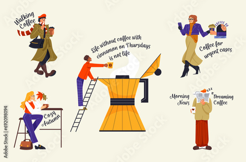 Vector Set of funny people with coffee
