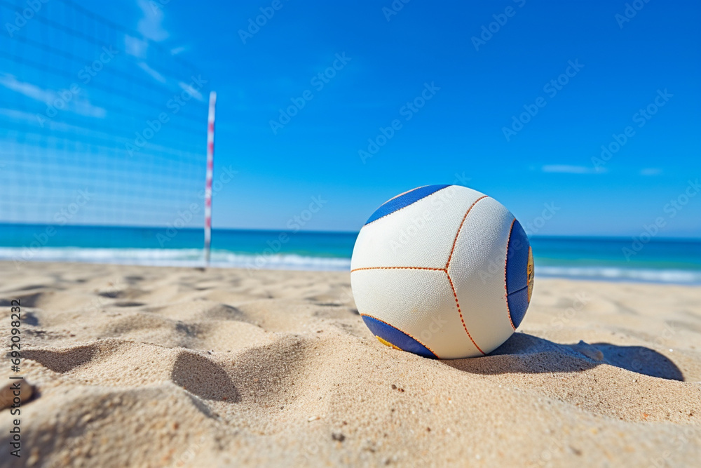 A volleyball on the beach by the sea, blue sky background
