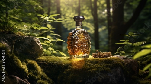 A whisky bottle with a label that integrates elements of nature, like leaves or wood grain, set against a natural, outdoor backdrop, such as a forest or garden.