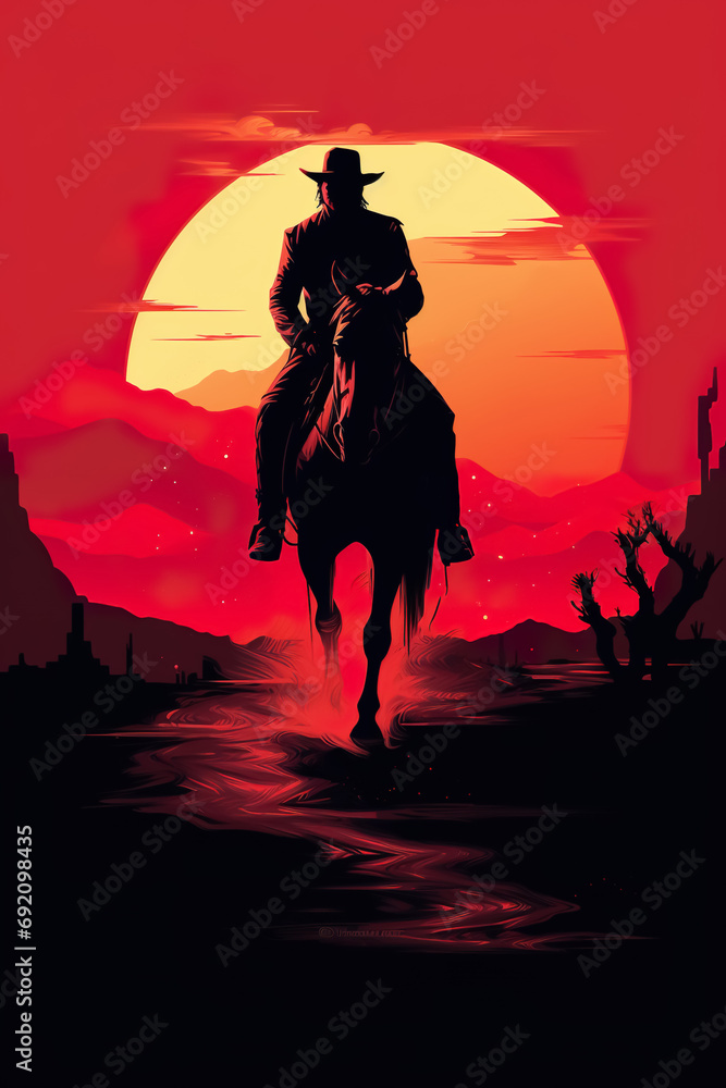 silhouette of cowboy man riding horse at sunset in desert canyon of arizona, in style of orange and red