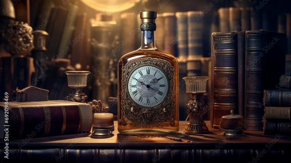 A whisky bottle with a label that incorporates elements of a vintage clock face, suggesting timelessness, set against a backdrop of old books and clocks. A whisky bottle with a label that incorporates elements of a vintage clock face, suggesting timelessness, set against a backdrop of old books and clocks.