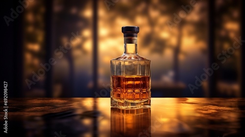 A whisky bottle with a label that includes a hidden image or message, revealed only under certain lighting conditions, set against a backdrop of subtle, ambient light. photo