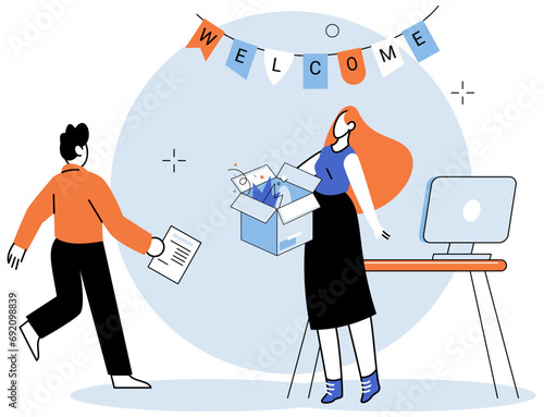 New employee. Vector illustration. The new employee adds to diverse mix staff, contributing their unique character and expertise Colleagues and team members play vital role in helping new employee