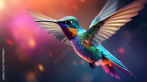 A captivating close-up shot of a hummingbird in mid-flight, with its iridescent feathers and rapid wing beats frozen in time, capturing the grace and beauty of these agile avian wonders. photo