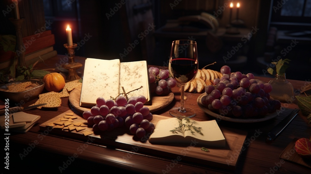 A wine tasting setup with a notepad, a variety of cheeses, and a cluster of grapes, all untouched.