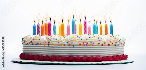 A close-up of a birthday cake with candles ready to be lit, isolated on a white background.