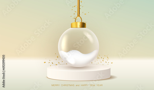 Holiday Christmas card background with glass globe ball snow inside and gold confetti on podium. Vector x mas merry design.