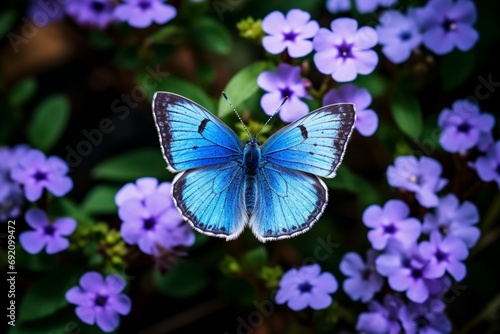 A close-up of a delicate blue butterfly resting on a flower. © MalikAbdul