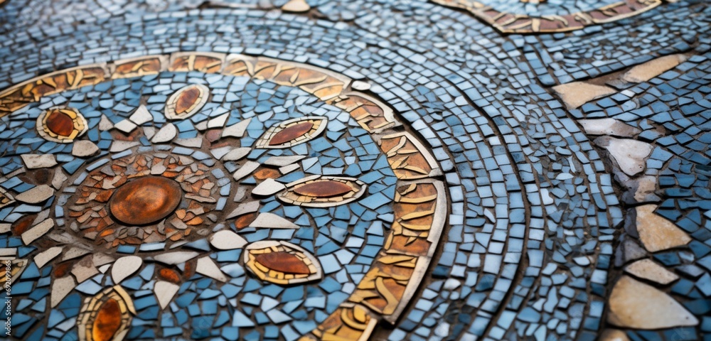 A close-up of a mosaic surface, with intricate details and patterns formed by small, individually placed tiles.