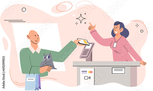 Mobile commerce concept. Man buys item in mobile phone apps in online store and pays for purchases with credit card at checkout with terminal. Online shopping and e-business, finance and payment