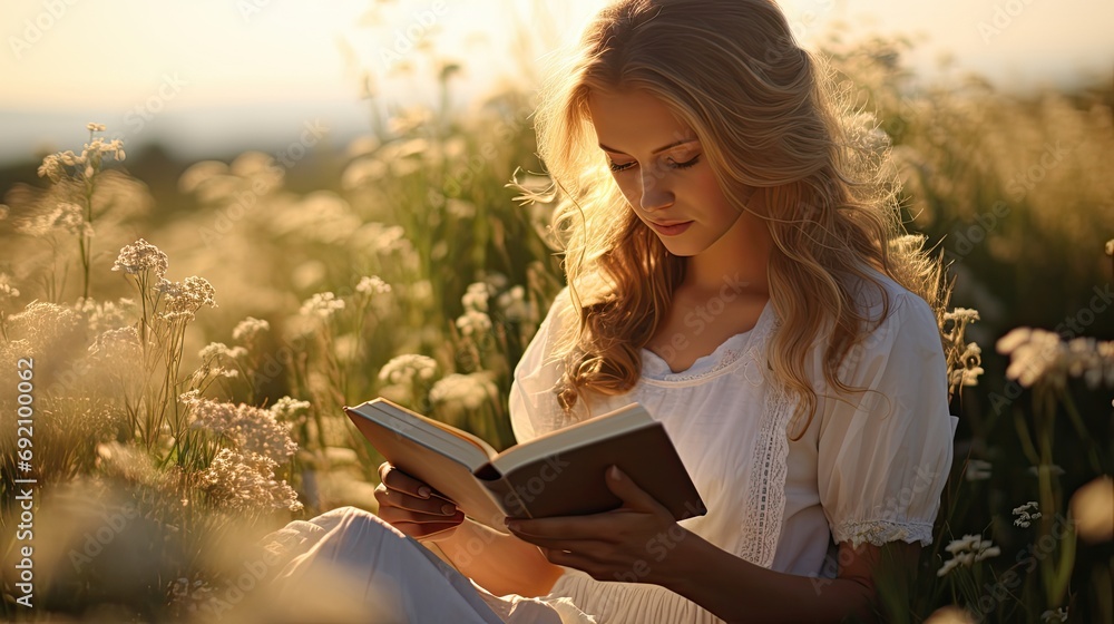 young woman sitting in a field reading a book young woman sitting in a field reading a book