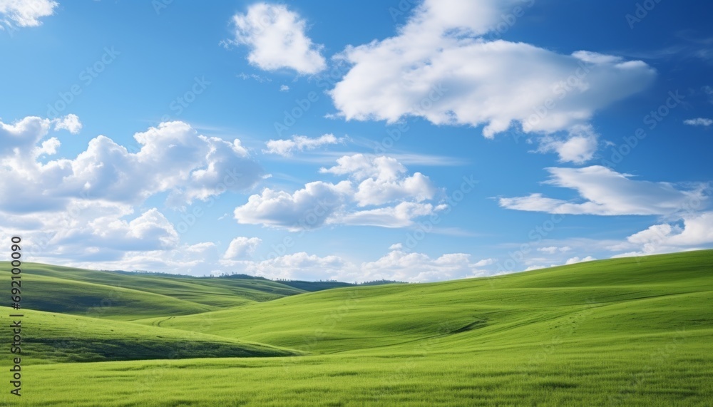 breathtaking view of vast lush green fields and serene blue sky with fluffy white clouds